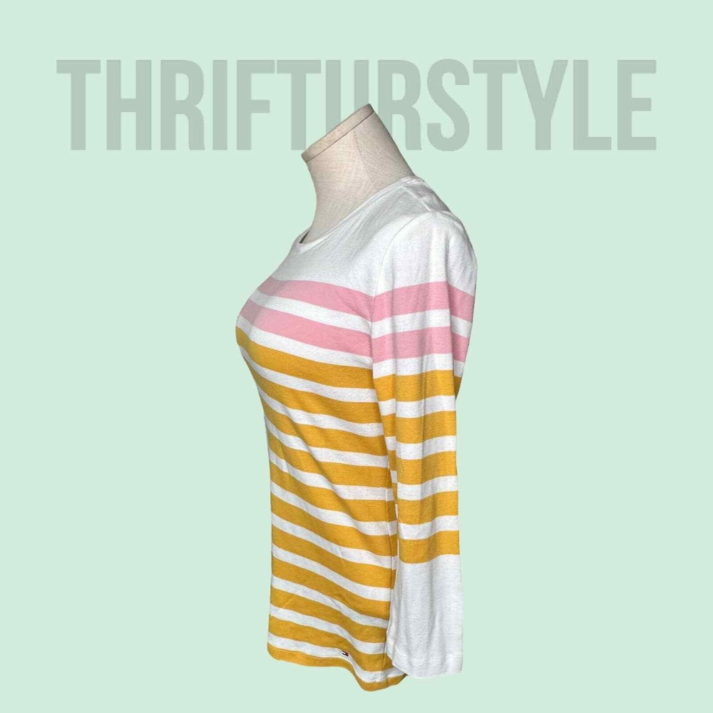 Tommy Hilfiger Long Sleeve sweater Top Pink Yellow White Casual Everyday - Picture 2 of 8